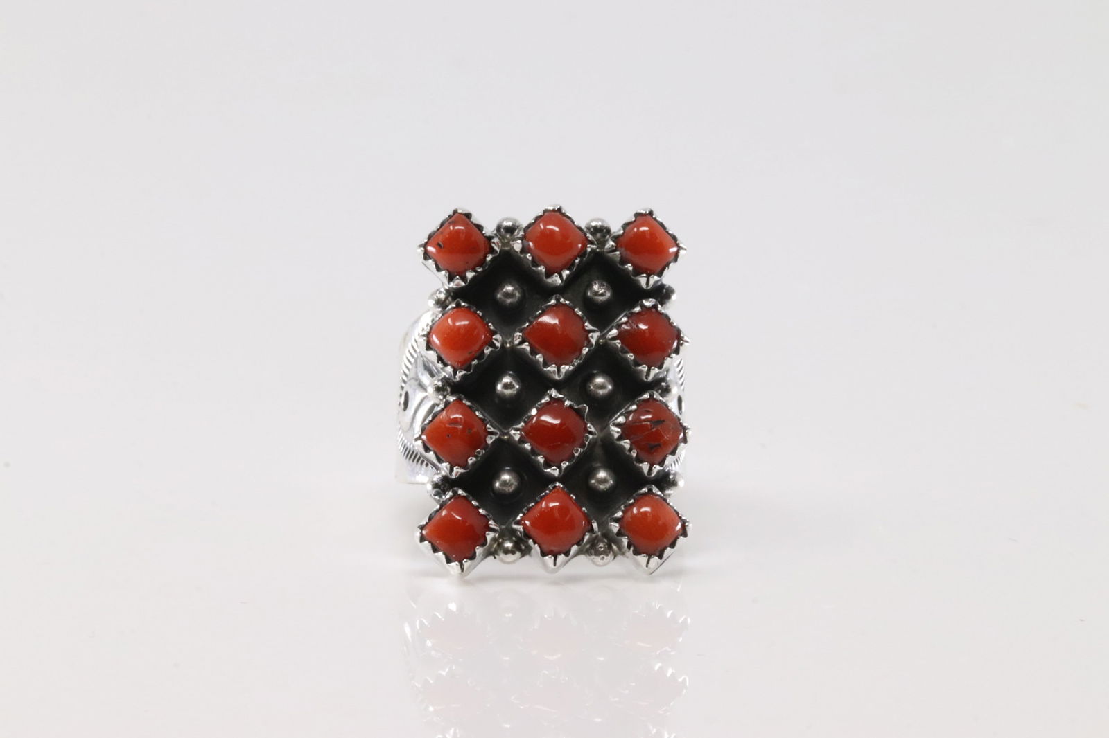 Native America Navajo Sterling Silver Coral Ring 3 Rows By Verley Betone. (1 of 4)