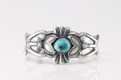 Native American Navajo Sterling Silver Turquoise Bracelet Cuff By Henry Morgan.