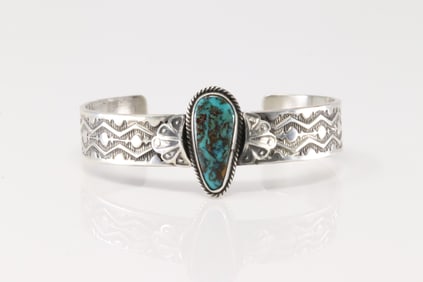 Native America Navajo Sterling Silver Kingman Turquoise Bracelet Cuff By Sunshine Reeves.