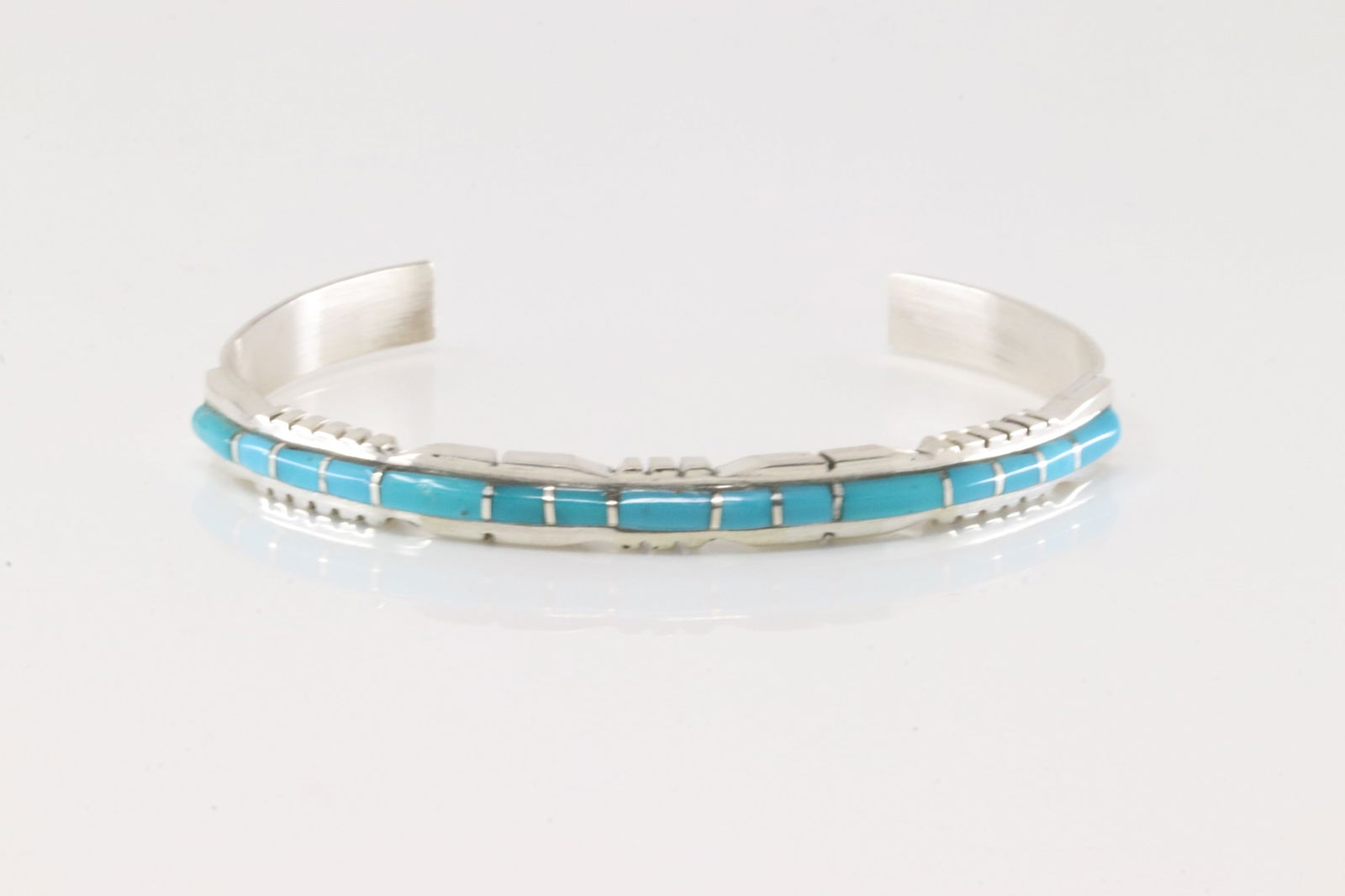 Native America Navajo Sterling Silver Turquoise Inlay Bracelet Cuff By Sheldon Lalio.: This is a Native America Navajo Sterling Silver Turquoise Inlay Bracelet Cuff By Sheldon Lalio.
