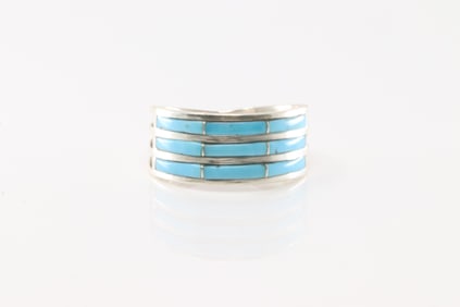 Native America Navajo Sterling Silver Turquoise Inlay Ring By A.E.