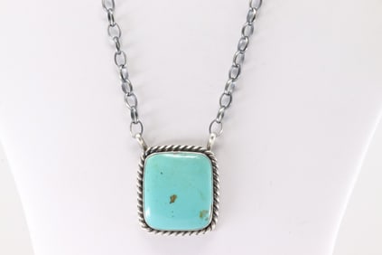 Native America Navajo Sterling Silver Kingman Turquoise Necklace By Augustine Largo.