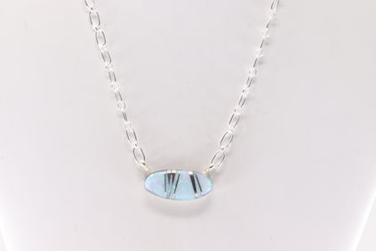 Native American Navajo Sterling Silver White Opal Inlay Necklace By Charleston Willie.