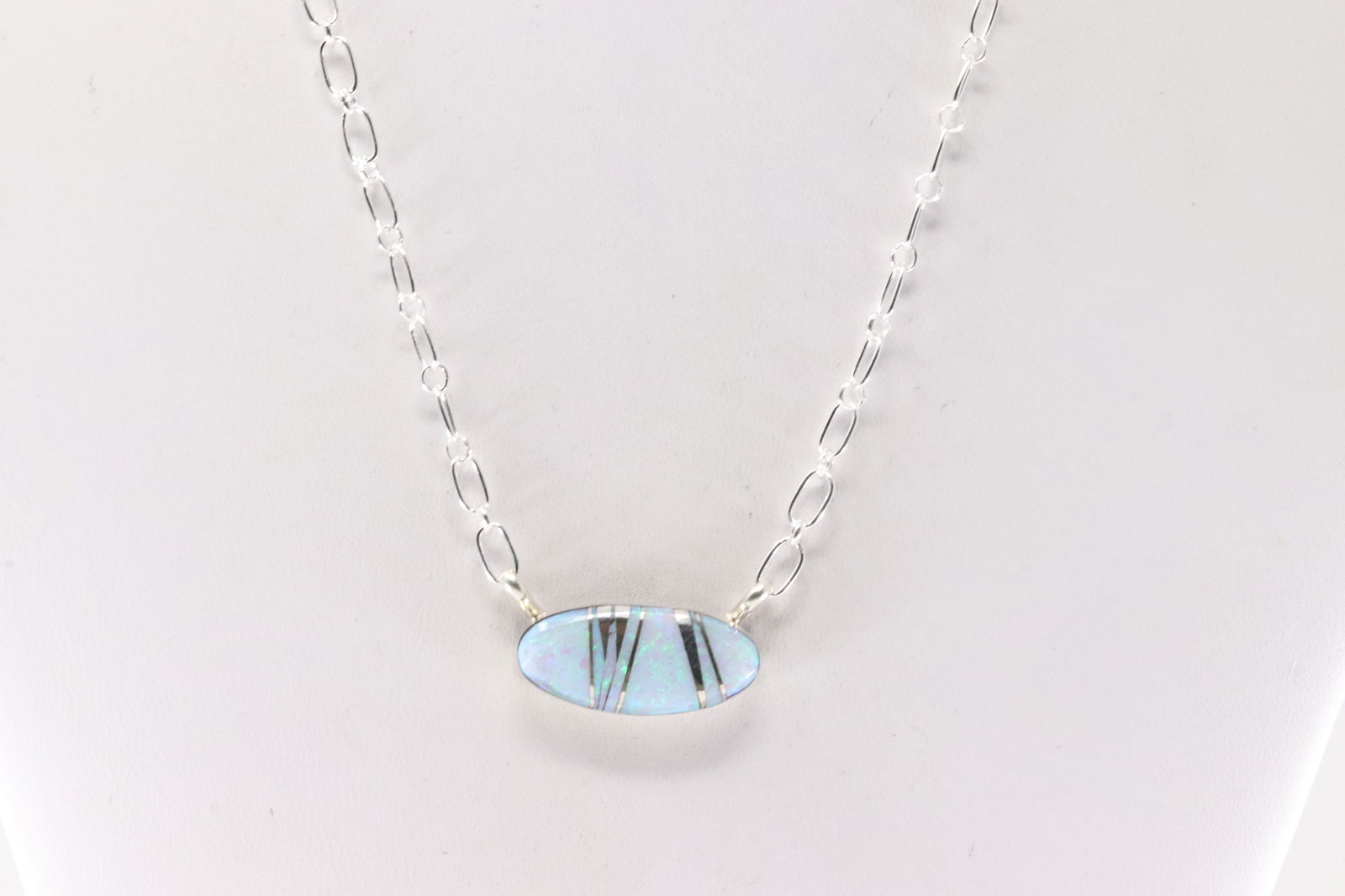 Native American Navajo Sterling Silver White Opal Inlay Necklace By Charleston Willie. (1 of 4)