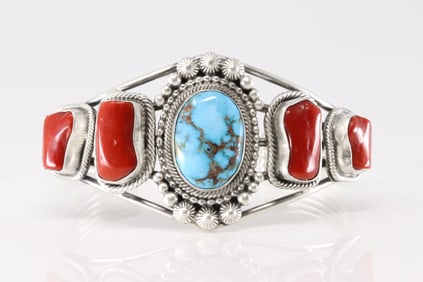 Native America Navajo Sterling Silver Coral & Kingman Turquoise Bracelet Cuff By Tom Lewis.