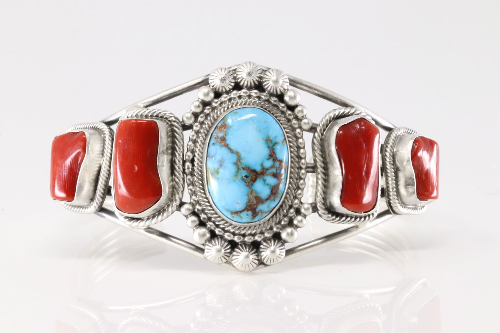 Native America Navajo Sterling Silver Coral & Kingman Turquoise Bracelet Cuff By Tom Lewis.: This is a Native America Navajo Sterling Silver Coral & Kingman Turquoise Bracelet Cuff By Tom Lewis. Total weight: 49.50 Grams.