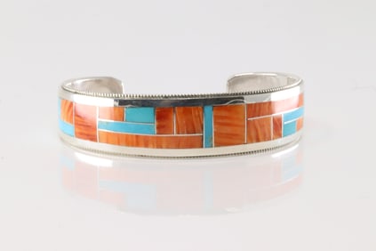 Native America Zuni Sterling Silver Spiny Oyster & Turquoise Inlay Bracelet Cuff By R.G.B.