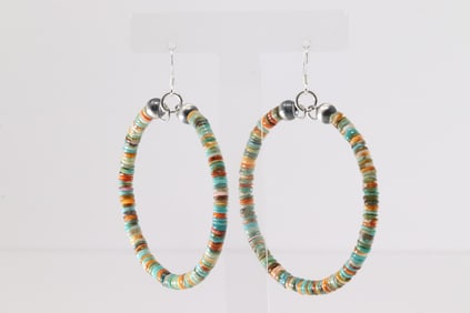 Native America Navajo Sterling Silver Multi-Color Stone Hoop Dangling Earring's