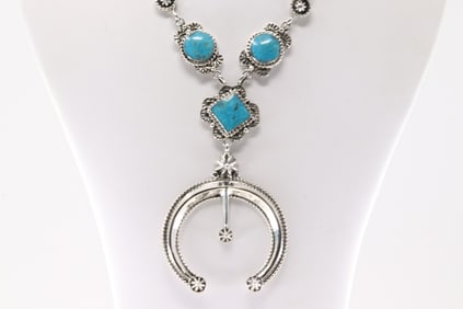 Native America Navajo Sterling Silver Turquoise Naja Necklace By Charlene Yazzie.