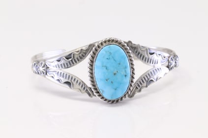 Native America Navajo Sterling Silver Turquoise Bracelet Cuff By M.