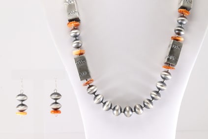 Native America Navajo Sterling Silver Beaded & Spiny Oyster Necklace & Earring's Set By Sharon
