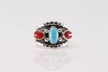 Native America Navajo Sterling Silver Coral & Turquoise Ring By Genevieve Francisco.