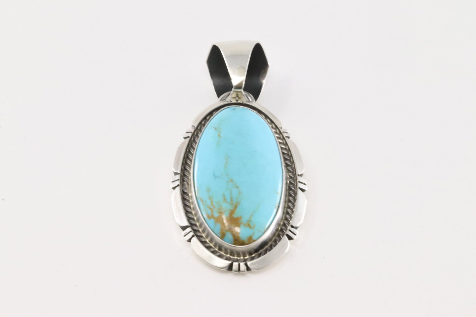 Native American Navajo Sterling Silver Kingman Turquoise Pendant By Alfred Martinez.: This is a Native American Navajo Sterling Silver Kingman Turquoise Pendant By Alfred Martinez.