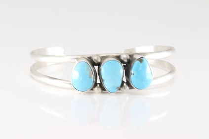 Native America Navajo Sterling Silver Kingman Turquoise Bracelet Cuff By A.L.