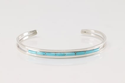 Native America Zuni Sterling Silver Turquoise Inlay Bracelet Cuff By A.L.W.