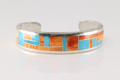 Native America Zuni Sterling Silver Spiny Osyter & Turquoise Inlay Bracelet Cuff By Glendora Booqua.
