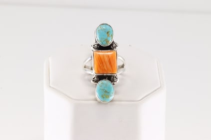 Native America Navajo Sterling Silver Spiny Oyster & Turquoise Ring By B.