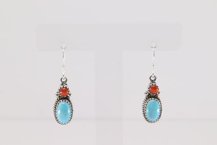 Native America Navajo Sterling Silver Coral & Turquoise Dangling Earring's By Gary Shorty.