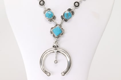 Native America Navajo Sterling Silver Turquoise Naja Necklace By Charlene Yazzie.