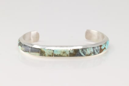 Native America Navajo Sterling Silver Turquoise Inlay Bracelet Cuff By B.E.