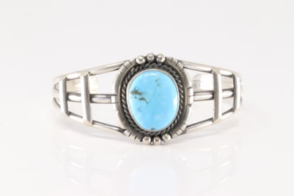 Native America Navajo Sterling Silver Kingman Turquoise Bracelet Cuff By Allanna Yellow.