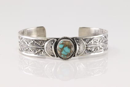 Native America Navajo Sterling Silver Kingman Turquoise Bracelet Cuff By Sunshine Reeves.
