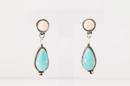 Native America Navajo Sterling Silver Pink Conch Shell & Kingman Turquoise Post / dangling Earring's
