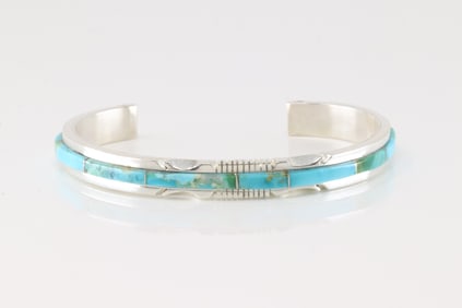 Native America Navajo Sterling Silver Kingman Turquoise Inlay Bracelet Cuff By S.F.