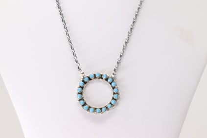 Native American Zuni Sterling Silver Kingman Turquoise Necklace By Phyllis Laati.