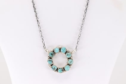 Native American Navajo Sterling Silver Kingman Turquoise Necklace By Maxine Ramirez.