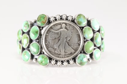 Native America Navajo Sterling Silver Sonora Gold Turquoise Bracelet Cuff By Derrick Gordon.