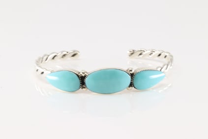 Native America Navajo Sterling Silver Turquoise Bracelet Cuff By Sadie Jim.