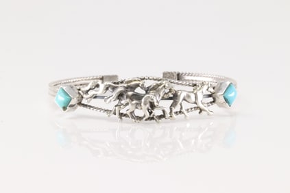 Native America Navajo Sterling Silver Turquoise Horse Bracelet Cuff By Bobby Platero.