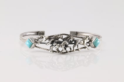 Native America Navajo Sterling Silver Turquoise Horse Bracelet Cuff By Bobby Platero.