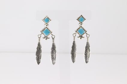 Native America Navajo Sterling Silver Turquoise Post /  Feather Dangling Earring's.