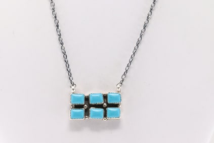 Native America Navajo Sterling Silver Turquoise Necklace By Shelia Becenti.