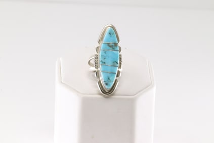 Native America Navajo Sterling Silver Turquoise Inlay Ring By B.