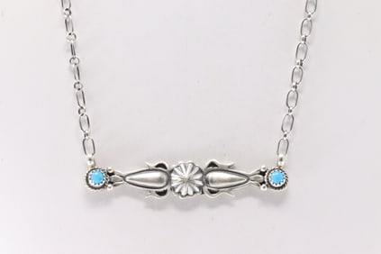 Native America Navajo Sterling Silver Turquoise Necklace By Marita Benally.