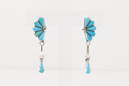 Native America Zuni Sterling Silver Turquoise Turquoise Inaly Post / Dangling Earring's By velda