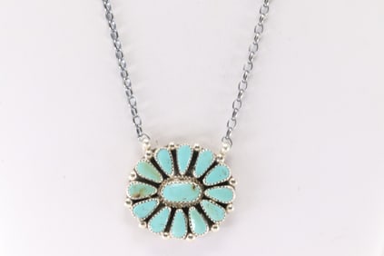 Native American Navajo Sterling Silver Kingman Turquoise Necklace By Alicia Wilson.