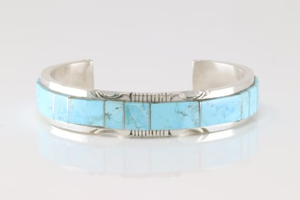 Native America Navajo Sterling Silver Kingman Turquoise Inlay Bracelet Cuff By Steve Francisco.