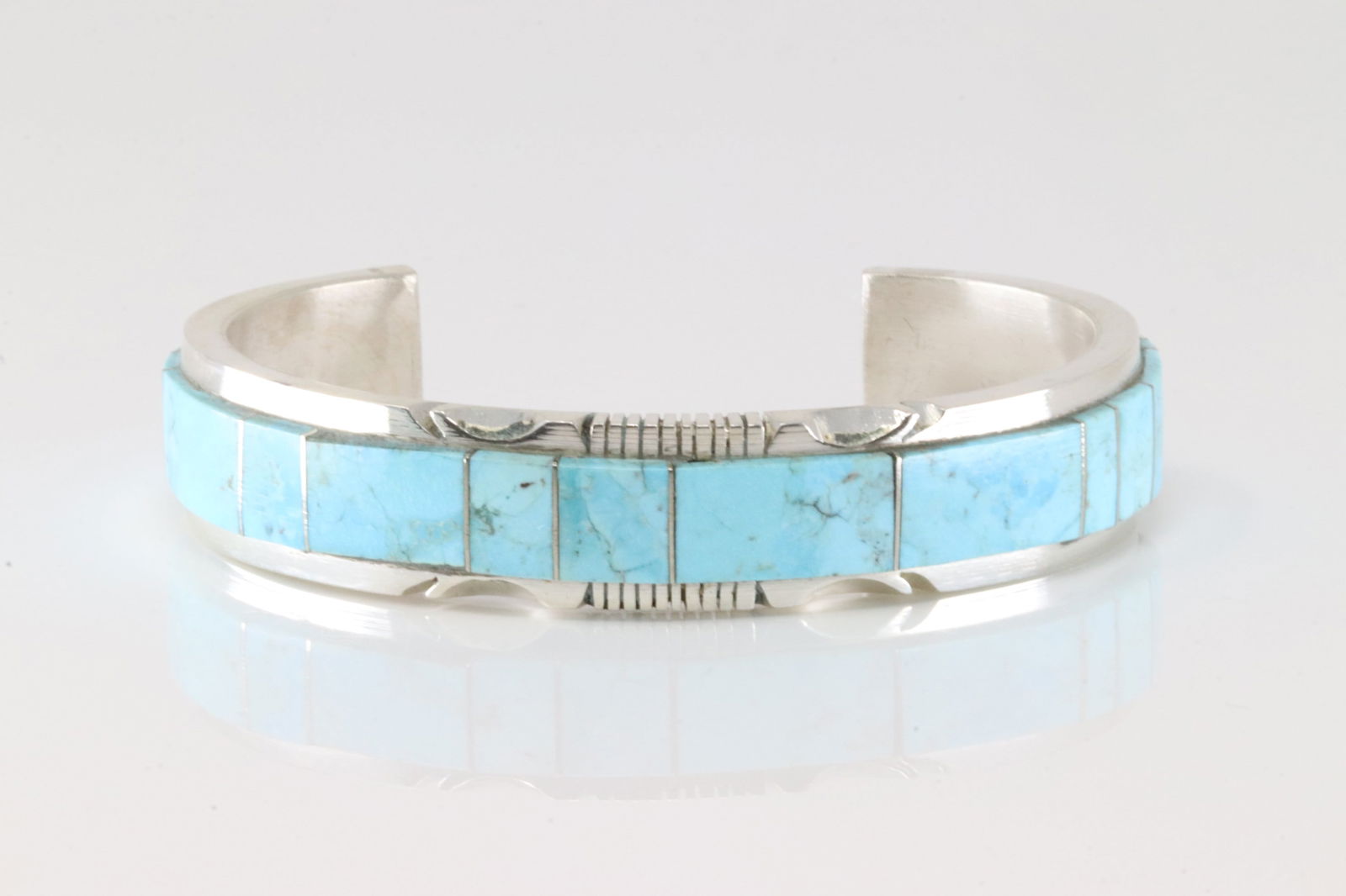 Native America Navajo Sterling Silver Kingman Turquoise Inlay Bracelet Cuff By Steve Francisco. (1 of 4)