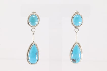 Native America Navajo Sterling Silver Kingman Turquoise Post / Dangling Earring's By Theresa Smith.
