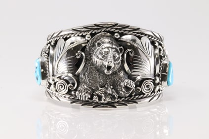 Native America Navajo Sterling Silver Turquoise Bracelet Bear Casted Cuff By Thomas Yazzie.