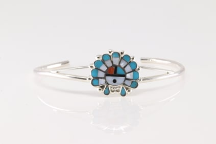 Native America Zuni Sterling Silver Multi-Color Stone Sunface Bracelet Cuff By E.R.