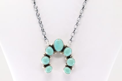 Native America Navajo Sterling Silver Kingman Turquoise Naja Necklace By Augustine Largo.