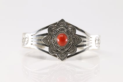 Native American Navajo Sterling Silver Coral Bracelet Cuff By Eula While.