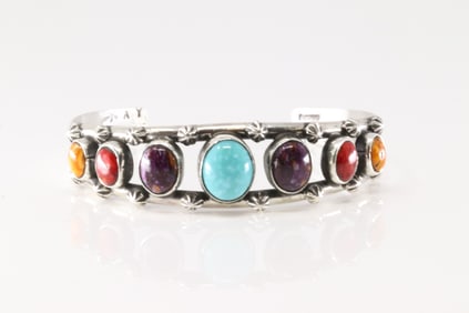 Native America Navajo Sterling Silver Spiny Oyster & Turquoise Bracelet Cuff By Adrian Yazzie.