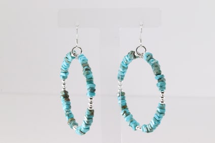 Native America Navajo Sterling Silver Beaded / Turquoise Hoop Dangling Earring's.