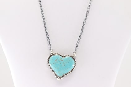 Native America Navajo Sterling Silver Kingman Turquoise Heart Necklace Johnny Dixon.